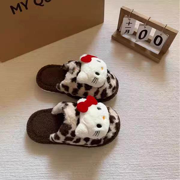 hellokitty拖鞋豹纹毛绒室内加绒加厚冬季防滑保暖软底棉拖鞋可爱