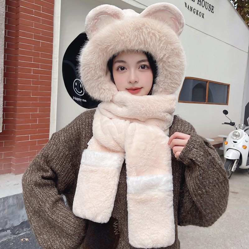 新款帽子围巾一体枫叶熊女款小熊三件套连帽冬季韩版毛绒可爱加厚