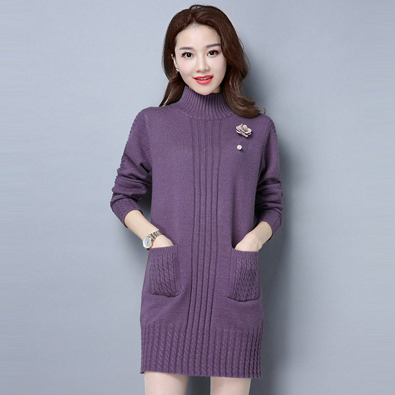 秋冬韩版新款毛衣女中长款百搭保暖宽松显瘦纯色加厚针织打底衫潮