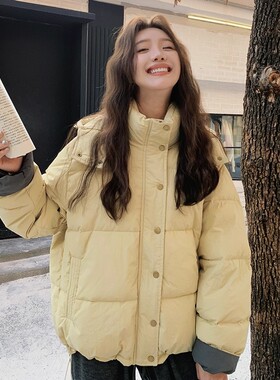 超好看黄色冬季棉服款2025年时尚新款宽松休闲连帽小个子棉袄外套