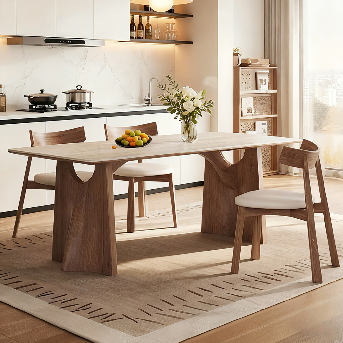 品若班实木餐桌椅组合岩板桌面