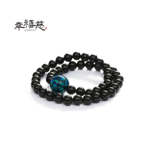 幸禧慈【水弥·润泽】非遗工艺欧泊大漆珠 黑曜石双圈水晶手串