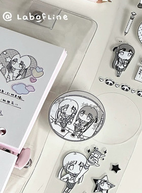 线条研究室原创装饰贴双透闪沙纸漫画黑白女仆咕卡手帐素材贴纸