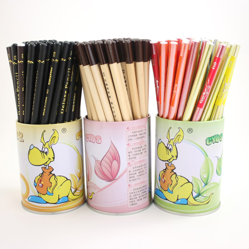 包邮百马草原袋鼠603铅笔60支HB正姿三角杆圆杆原木 写不断送笔筒