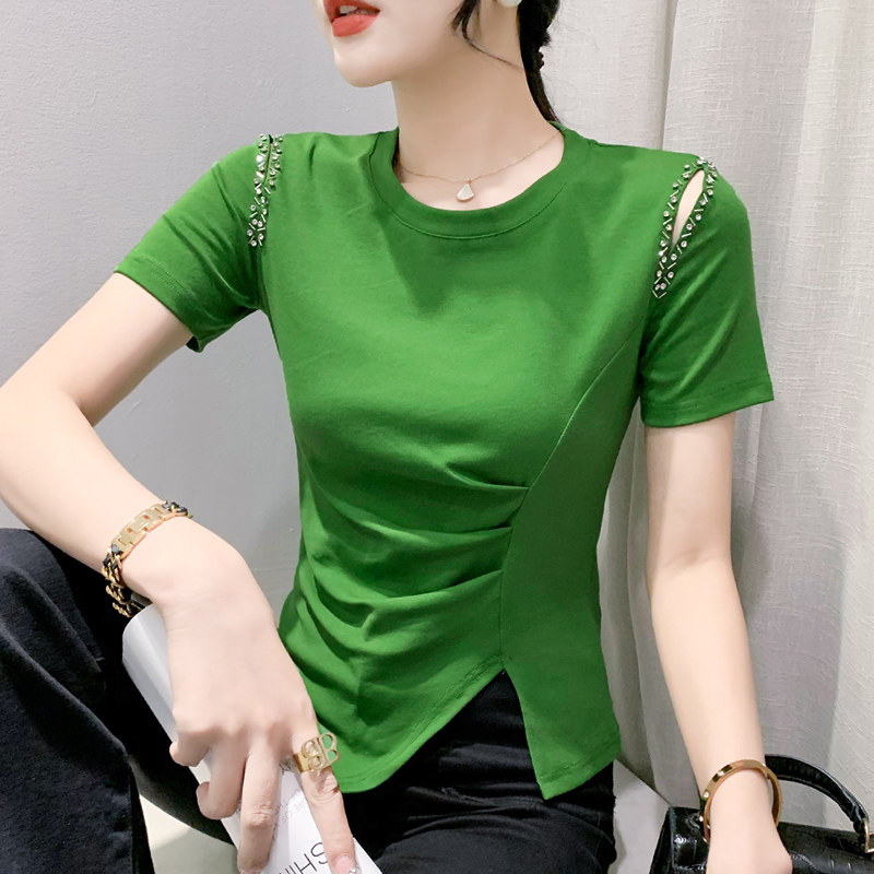 网红开叉t恤女短袖欧货设计感小众镂空上衣手工钉珠小衫修身半袖