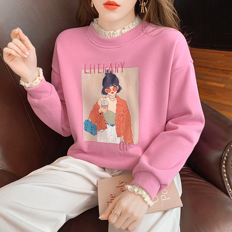加绒保暖卫衣女秋冬韩版气质减龄假两件上衣长袖撞色宽松显瘦外套
