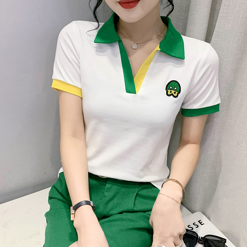夏季时尚polo领t恤女短袖网红拼色洋气上衣独特别致小衫修身体恤