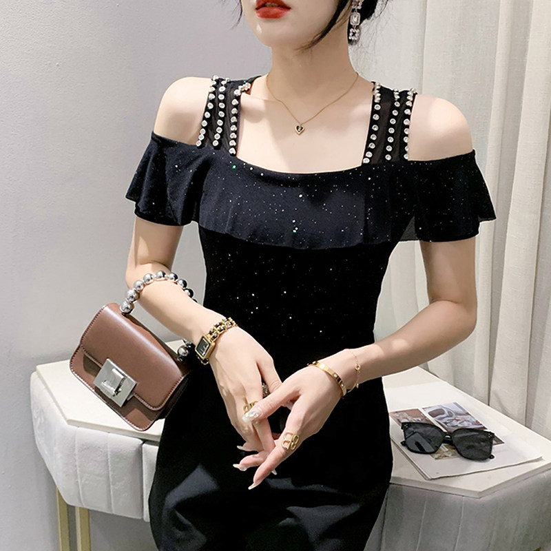 露肩网纱上衣女短袖欧货夏装性感一字领t恤洋气修身荷叶边小衫ins