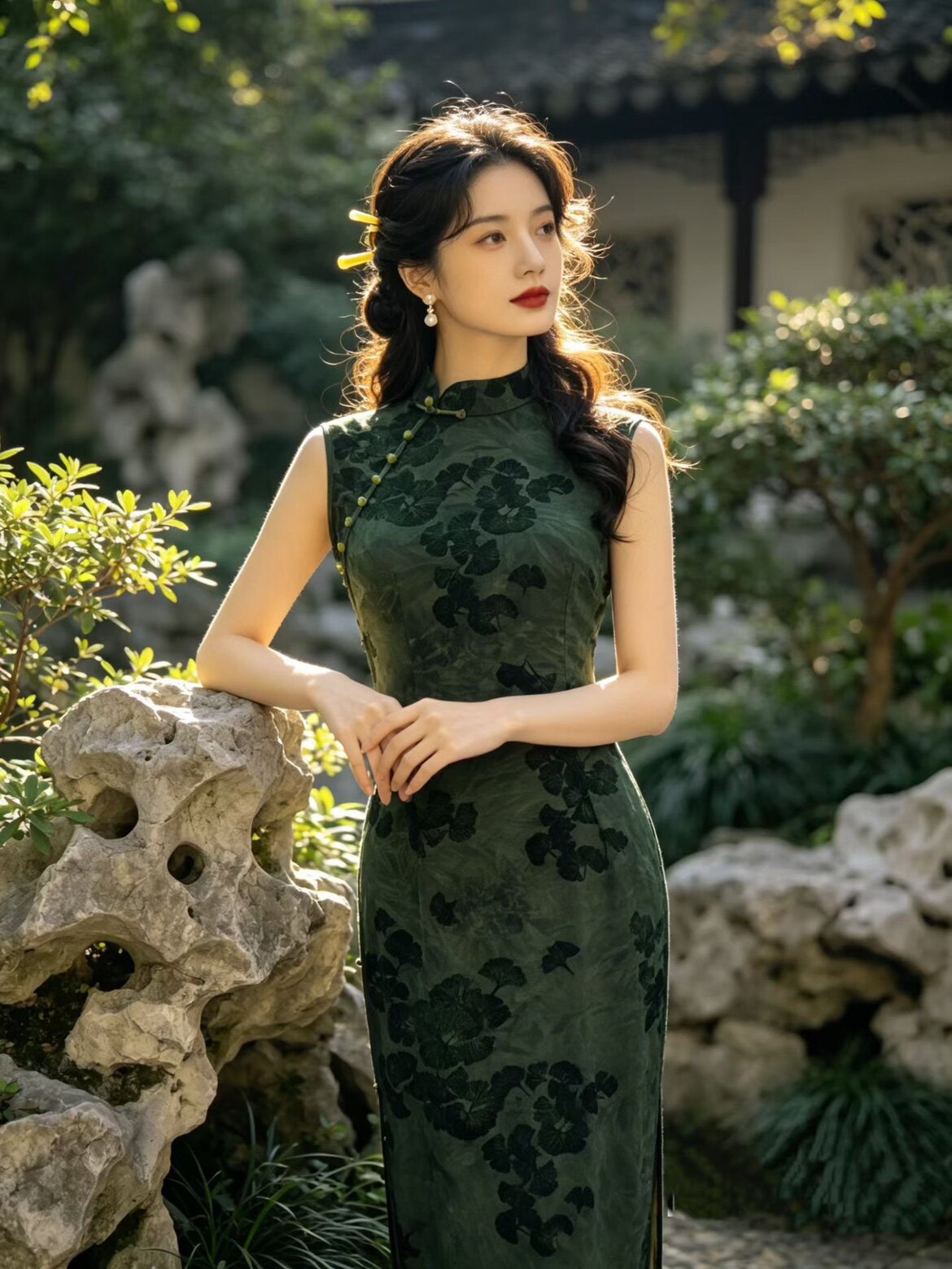 夏季新款新中式中长款旗袍复古修身绿色轻奢提花小个子日常旗袍裙