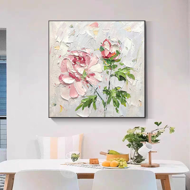 手绘油画抽象餐厅客厅沙发背景墙装饰画植物花卉厅挂画正方形壁画图片
