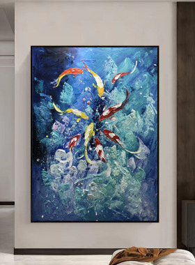 年年有余纯九鱼图手绘抽象厚油立体刀画玄关客厅沙发背景墙装饰画