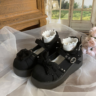 日系y2k朋克厚底制服鞋辣妹高跟松糕浅口黑色玛丽珍浅口小皮鞋女