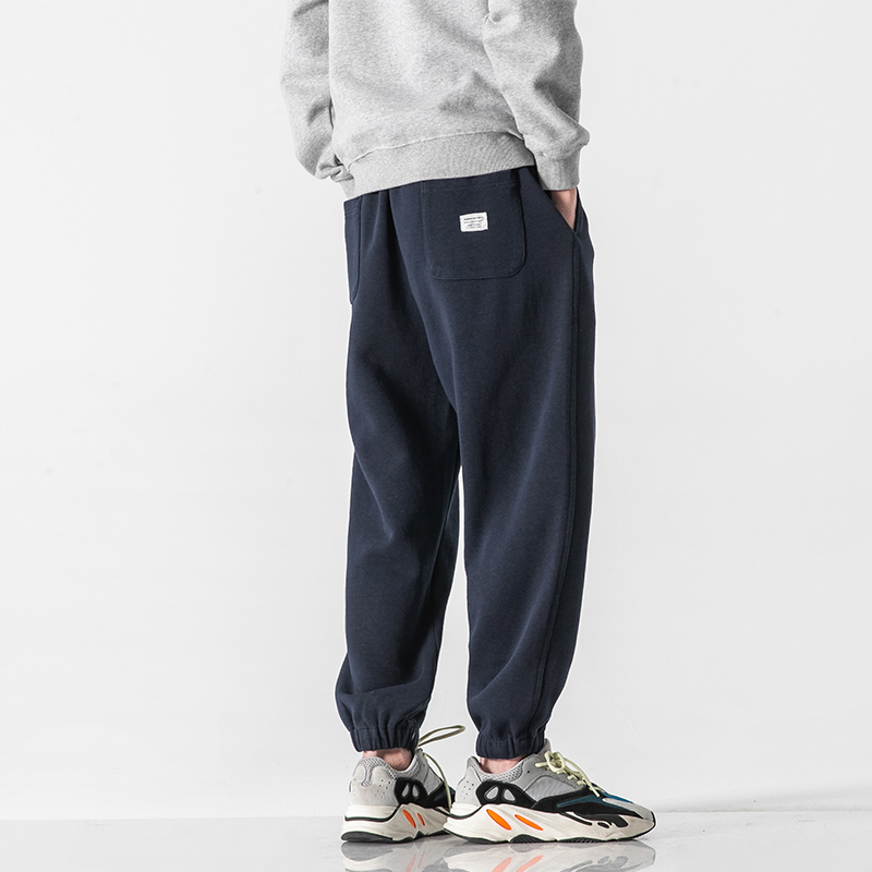 日系秋冬松紧腰加绒卫裤男宽松收口运动裤束脚小脚裤休闲长裤子厚