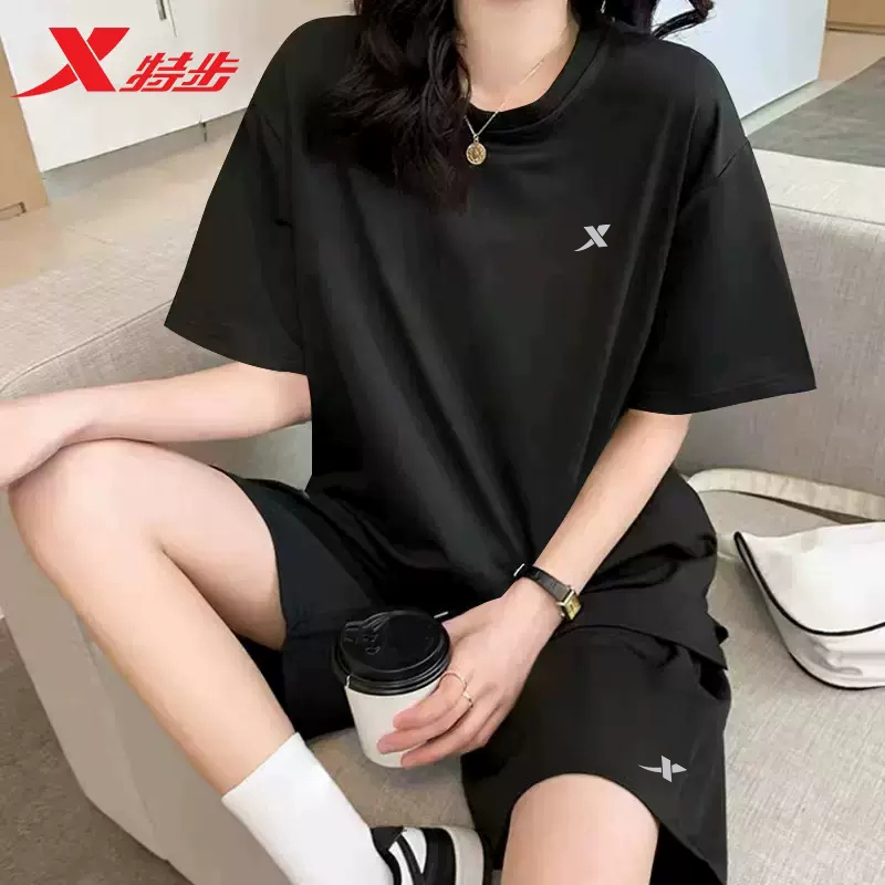 特步速干女款运动套装官方正品2025夏季新款跑步健身服短袖两件套