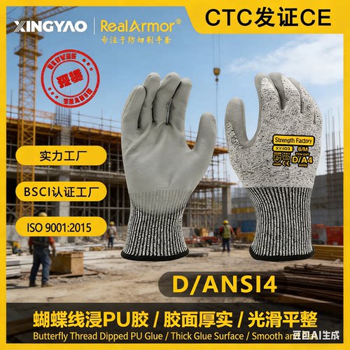 CE证书防割玻纤材质PU涂层工厂直销EN388耐磨防切割5级手套防滑