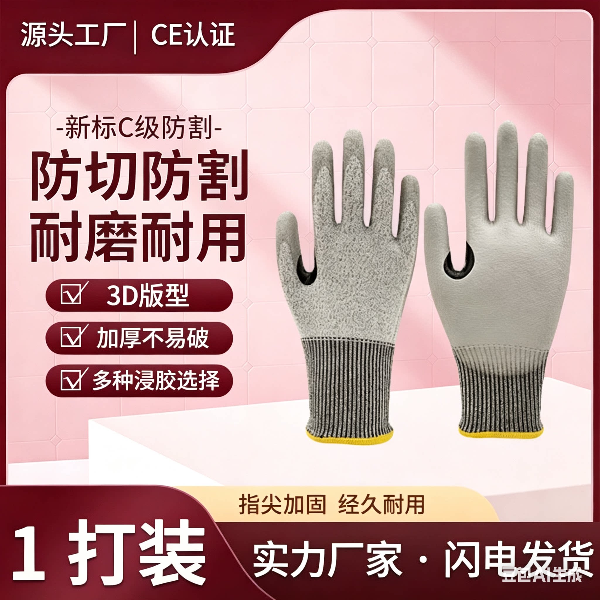 A3级防割CE认证EN388手套PU涂层工业丝虎口加强 耐磨防切割升级款