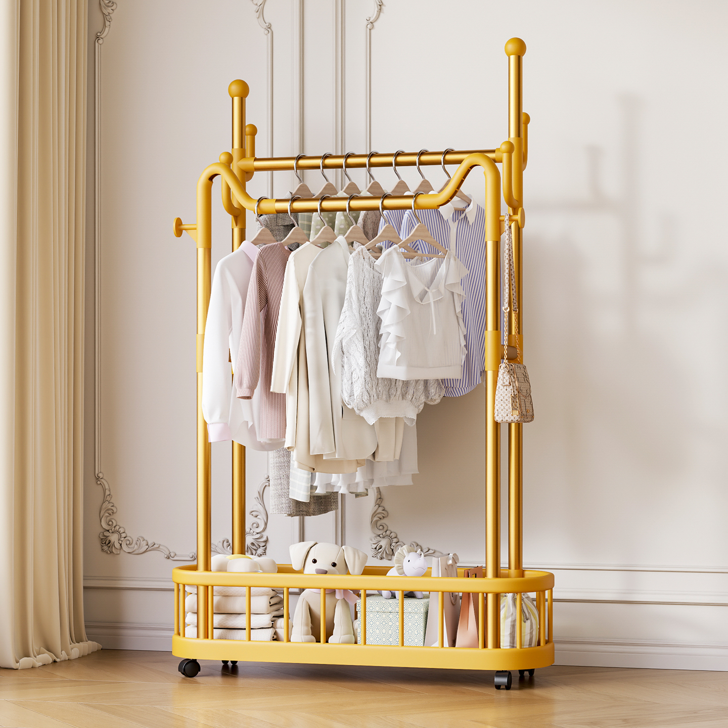 家用房间挂衣架落地卧室加厚晾衣架室内衣服架子落地式双杆衣帽架