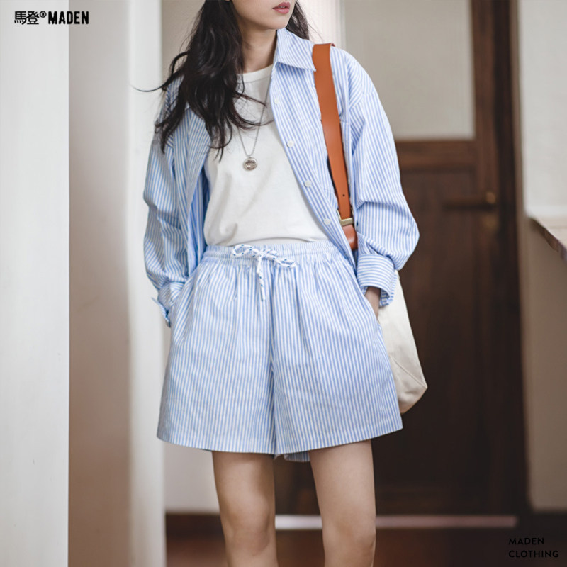 马登女装日系蓝白条纹休闲短裤