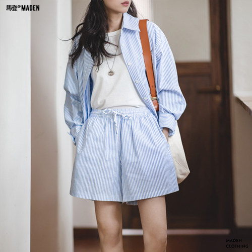 马登女装日系蓝白条纹休闲短裤