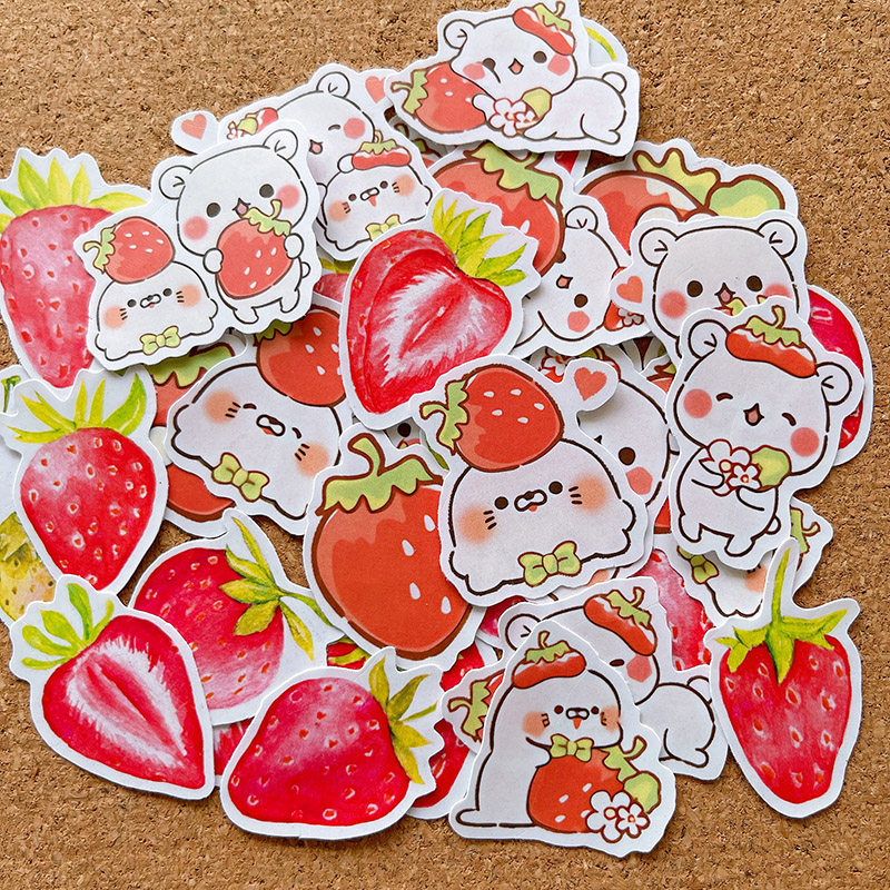 可爱卡通手绘小熊草莓女孩手帐相册贴纸日记本相册电脑装饰小图案
