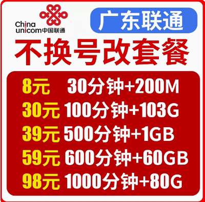 广东阳江梅州联通不换号改换套餐大流量王套餐老用户变更8元保号