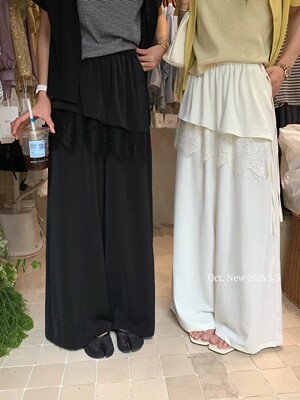 Oct春夏韩版高腰显瘦垂丛感设计感侧边绑带拼接蕾丝屁帘阔腿裤女