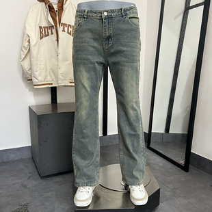 JJ男士牛仔裤秋冬季黄泥染复古直筒宽松阔腿裤潮牌休闲长裤