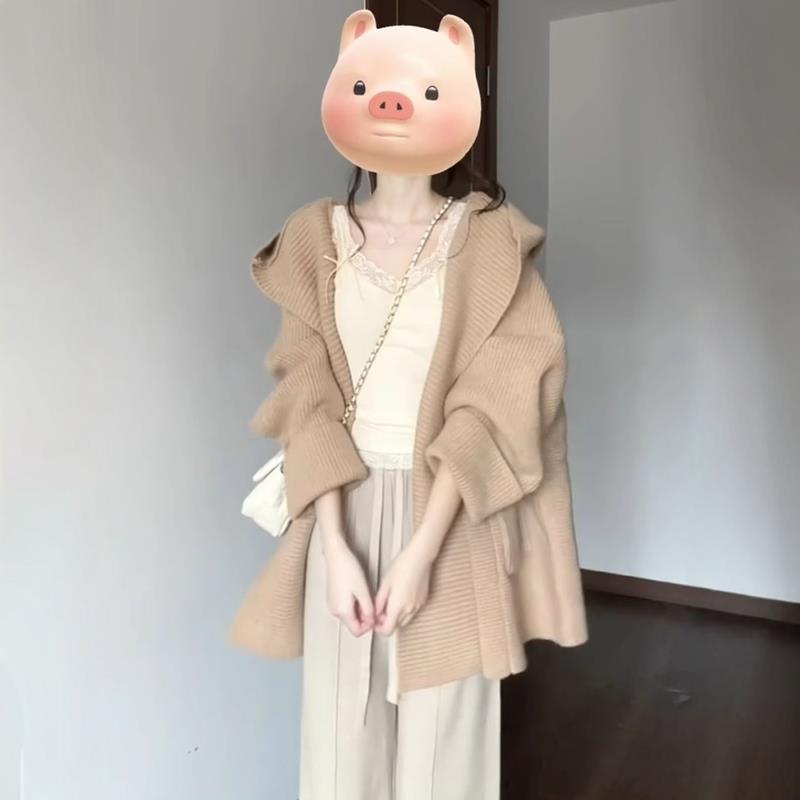 韩系中长款慵懒风宽松奶fufu连帽软糯毛衣外套女秋冬针织开衫上衣