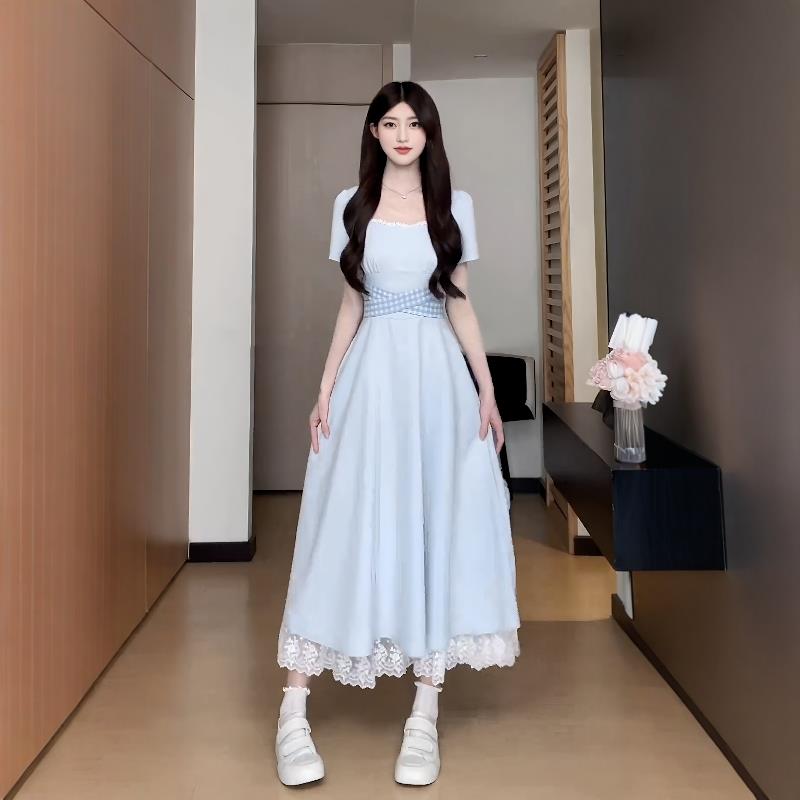 大码女装欧若风蓝色掐腰裙子夏季新款长裙胖mm修身遮胯显瘦连衣裙