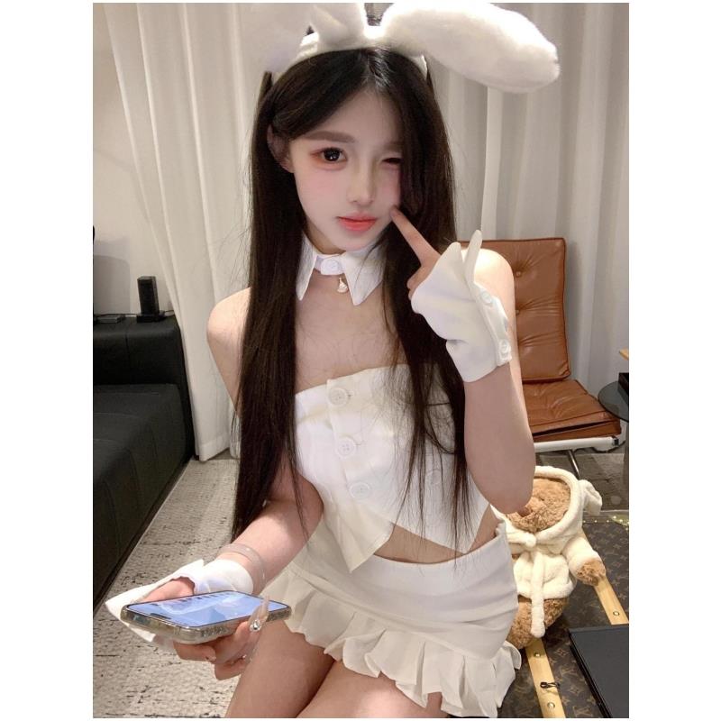 纯欲风性感辣妹白色套装裙抹胸露腰上衣拼接荷叶边包臀短裙两件套