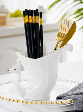 唐山骨瓷勺子笼筷筒家用描金勺筷收纳盒餐桌收纳筷筒汤勺天鹅勺筒