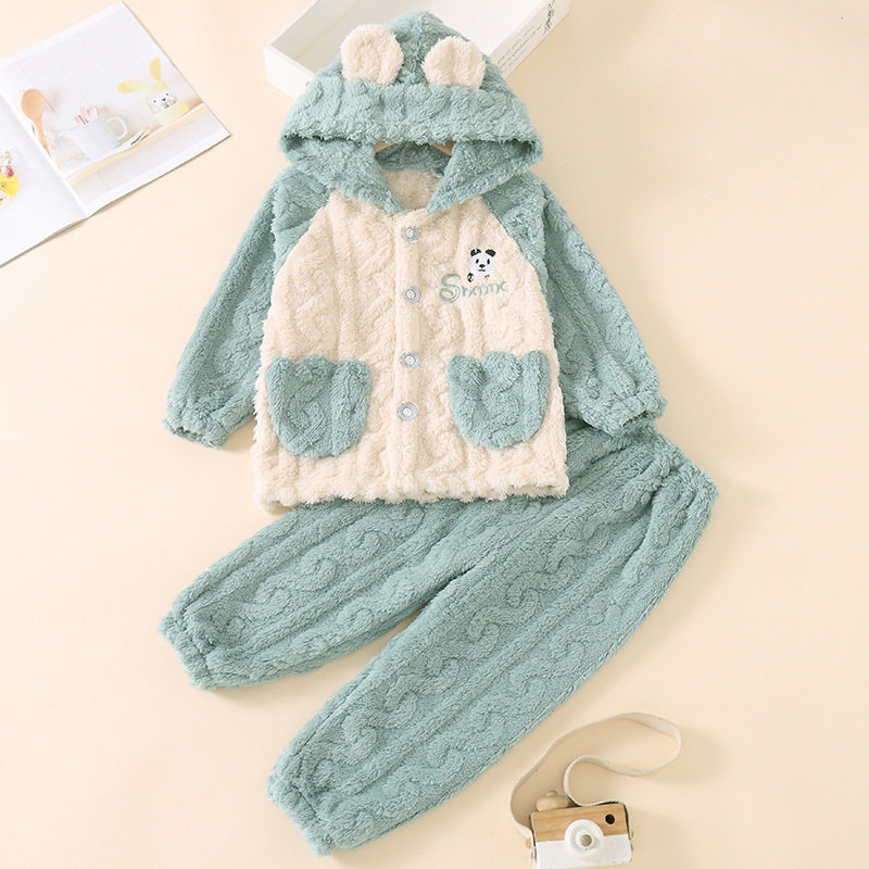 AUTUMN AND WINTER CHILDRENS FLANNEL PAJAMAS FOR BOYS AND GIRLS CORAL VELVET FOR SMALL CHILDREN BABY HOODED WARM LOUNGEWEAR SET