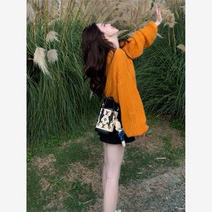 法式 上衣 橘色软糯圆领加厚毛衣女秋冬外穿奶呼呼慵懒风宽松针织衫