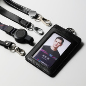 高档高务双面独立视窗头层牛皮工牌卡套大容量卡包带挂绳人像定制