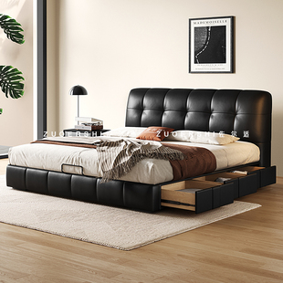 政府补贴佐尔适泡芙床主卧双人床意式极简覆古黑色高箱储物真皮床