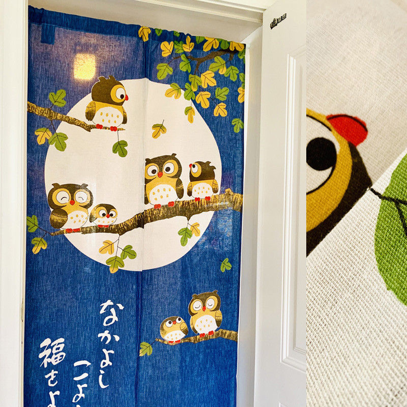 日式布艺门帘猫头鹰卡通蓝色窗帘门帘