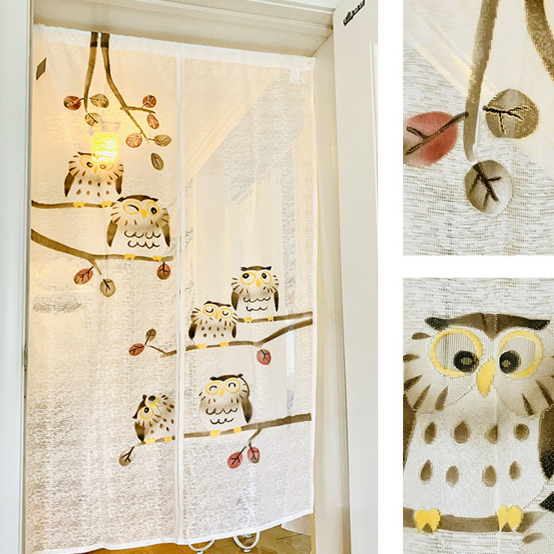日式暖帘柿子树可爱猫头鹰招福和风门帘子玄关装饰半帘窗帘短帘