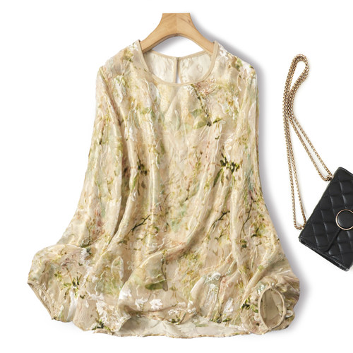 落花秋意浓！金线丝绒烂花真丝小衫桑蚕丝宽松圆领罩衫上衣女秋新