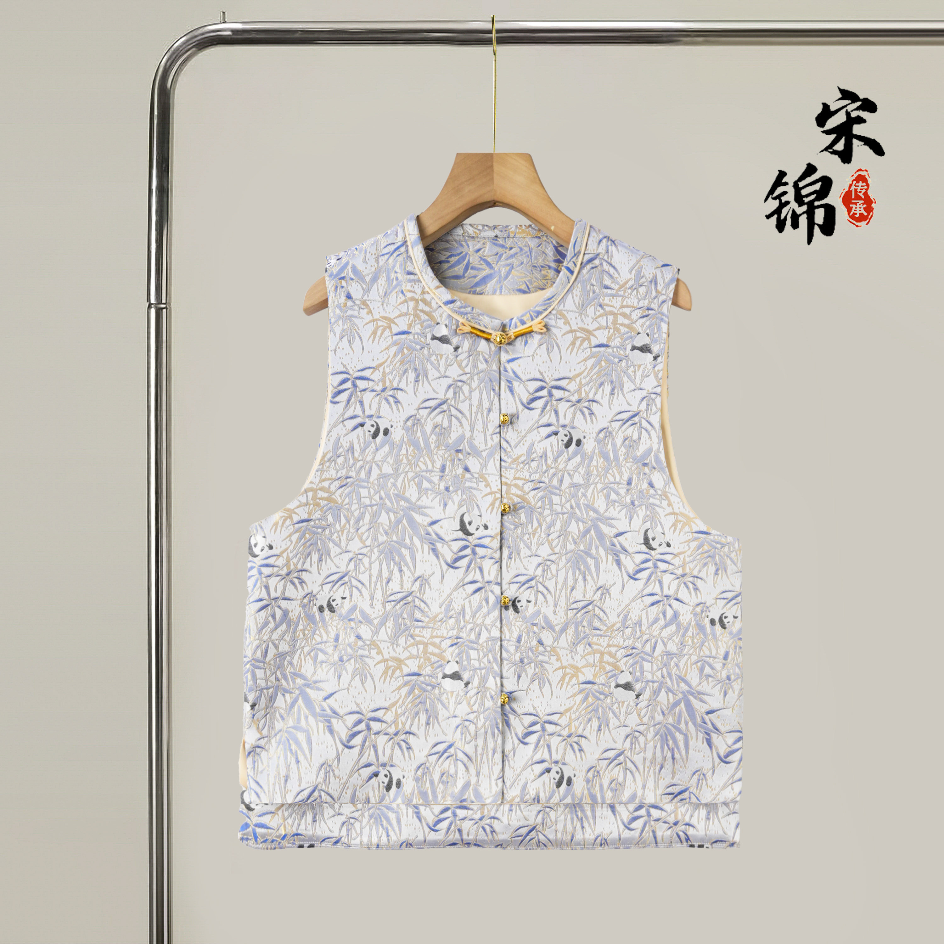 熊猫戏竹织金宋锦桑蚕丝新中式对襟马甲外套真丝国风上衣开衫女春,女装/女士精品,马夹,淘宝优惠券,粉丝福利购,淘宝优惠卷