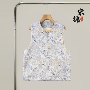 熊猫戏竹织金宋锦桑蚕丝新中式对襟马甲外套真丝国风上衣开衫女春