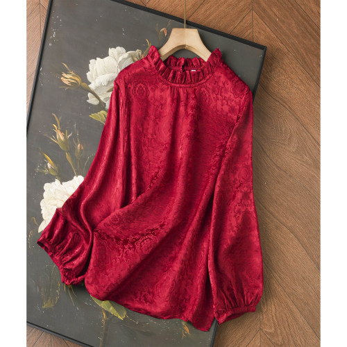 仙草宝相提花缎真丝桑蚕丝红色法式长袖木耳领衬衫百搭气质上衣女