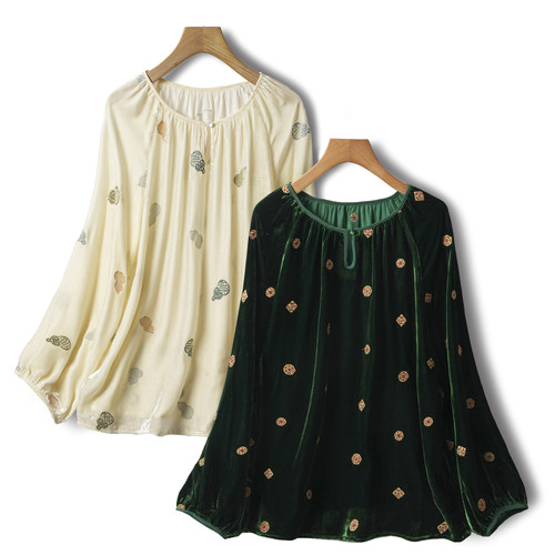 精美刺绣真丝丝绒减龄娃娃衫女宽松圆领套头桑蚕丝上衣长袖衬衫新