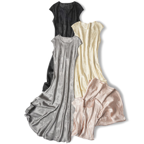 篙奢品质！重磅真丝连衣裙女浮雕花桑蚕丝斜裁修身圆领礼服裙包袖