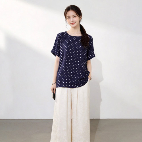 夏季真丝波点短袖T恤女显白