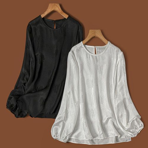 上久楷100桑蚕丝真丝蝴蝶提花高端长袖衬衫百搭秋款打底女士上衣