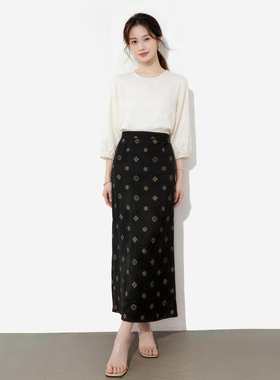 黑色宝相提花香云纱半身裙女夏高腰显瘦直筒长裙桑蚕丝通勤氛围感