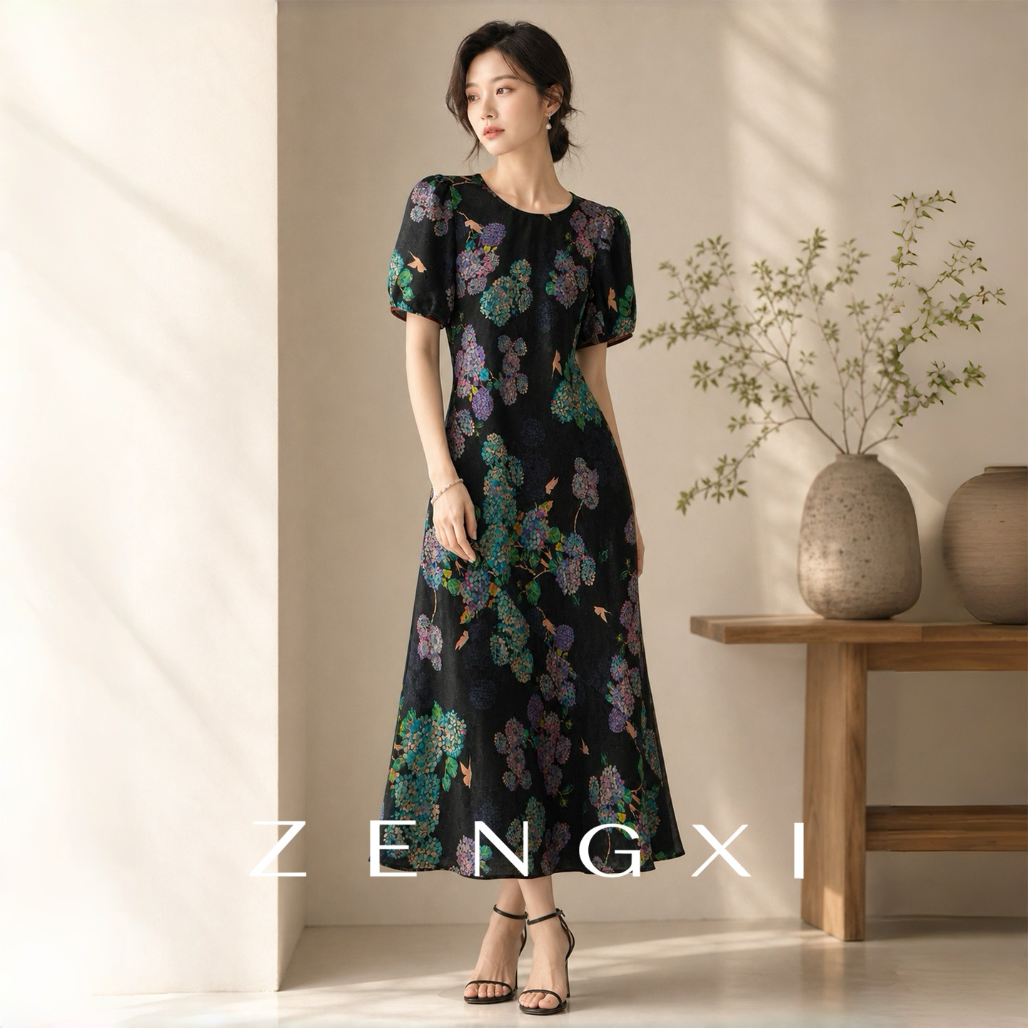 轻奢风香云纱连衣裙女2026夏桑蚕丝印花斜裁修身中长裙真丝女神裙