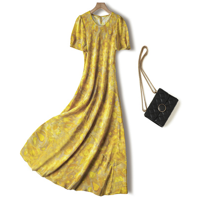 落日余晖！桑蚕丝晕染印花短袖法式真丝连衣裙时尚修身长裙显瘦女