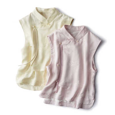 真丝无袖杭罗背心轻国风斜襟立领