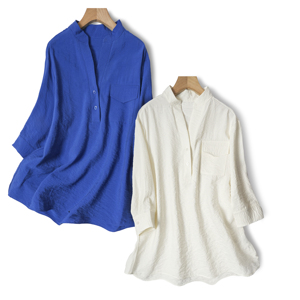 dry silk宝蓝色真丝干丝衬衫 休闲通勤V领宽松中袖衬衣桑蚕丝上衣